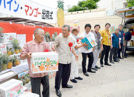 パインとマンゴーを初出荷する出席者ら=24日午後、八重山郵便局