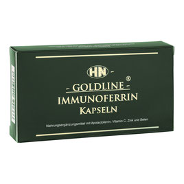 Grüne Pappschachtel mit HN-GOLDLINE-Logo mit Aufschrift HN-GOLDLINE IMMUNOFERRIN Kapseln