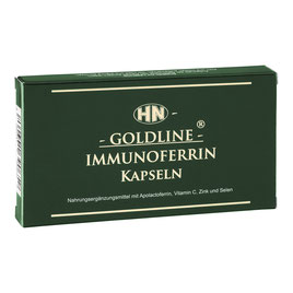 Grüne Pappschachtel mit HN-GOLDLINE-Logo mit Aufschrift IMMUNOFERRIN Kapseln