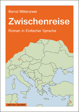 Buchcover Zwischenreise: das obere Drittel mit dem Titel ist orange, id den unteren 2 Dritteln befindet sich eine grobe Landk