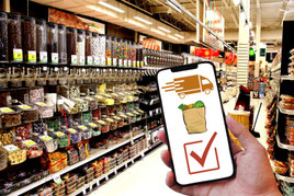 Supermarktregal, Handy mit Onlineeinkauf