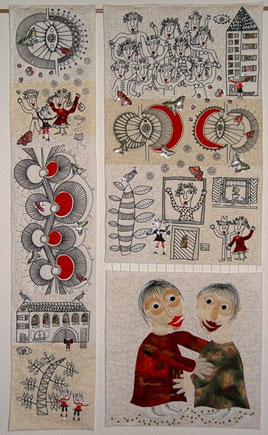 Jutta Kohlbeck / Dreiteiliger Quilt mit Applikationen und folierten Zeichnungen für die Ausstellung: Poetische Dreiteiler organisiert von Dörte Bach (München)