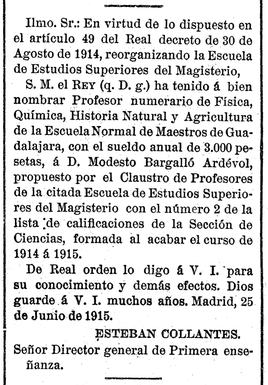 Nombramiento de Modesto Bargalló como docente normalista.
