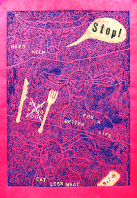 Stop! 1: Hoch- und Materialdruck auf farbigem Büttenpapier, 76 x 50 cm, 2021+2022