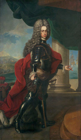 Karl III. in kämpferisch-herrscherlicher Pose vor dem Hafen von Barcelona - Frans van Stampart 1714 (Museum der Geschichte / Wien)