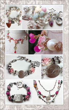 Four examples of customized energy jewelry, bracelets and necklaces with silver, gold and precious crystals- wedding jewelry set, bridesmaid's giveaway bracelets, birthday present and a numerologic masterbracelet.  Unique fine silver pendants.