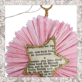christmas hanger made out of vintage songbook pages, formed to stars with glitter on crepe paper, genuine gold plated hook