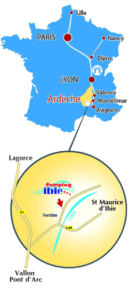 Itinéraire d'accès pour le camping Ibie en sud Ardèche