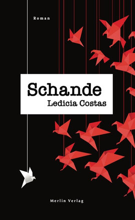Das Cover von "Schande" zeigt eine Gruppe roter Papiervögel, die nach links fliegen. Ein weißer Papiervogel fliegt nach rechts.