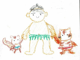 力士が子リス、子トラと手をつないでいるイラストです