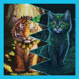 Collage aus 2 Bildern. Rechts ein magisches Tigerbaby, links ein ebensolches Katzenbaby. 