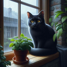 KI Bild. Eine schwarze Katze mit gelben Augen sitzt neben einer Pflanze auf einem Fensterbrett und schaut Richtung Betrachter*in des Bildes. Draußen regnet es. 