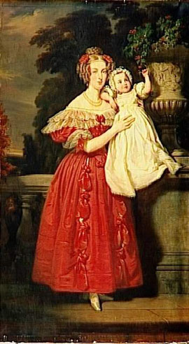 1833年か1834年に、長男のルイ・フィリップ王子を抱いている、ベルギー王妃ルイーズ・ドルレアン(アンリ・デスカイネ、ヴェルサイユ宮殿)肖像画