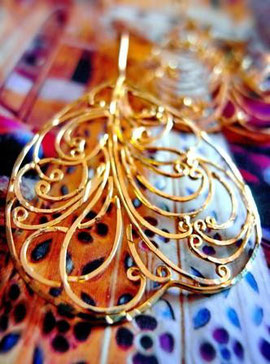 Indian, handcrafted, gold-dipped, sterling-silver, flat-wire framed earrings with fine filigree and cut-work