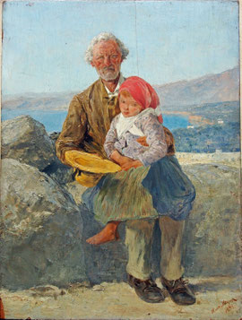 Hans Meyer, Bettler bei Sorrent 1889, Öl auf Holztafel, 25x19cm