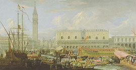 Luca Carlevarijs, Partenza del Bucintoro dal bacino di San Marco, 1710