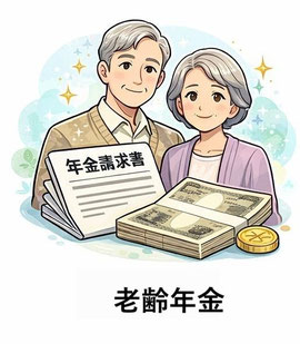 老齢年金の請求手続きを表したイメージイラスト｜老後の生活を支える年金請求書類と相談風景