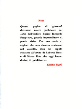 pagina tipografica a due colori con "Nota" dell'autore che spiega la nascita di questo libro