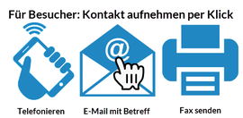 BILD: Für Besucher der Firmenhomepage | Kontakt aufnehmen per Klick | Telefonieren, E-Mail mit Betreff, Fax senden