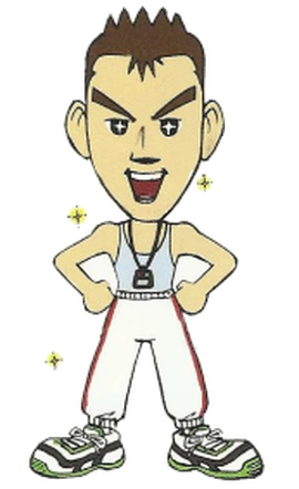 Wally's original 2003 design, including long, baggy sweatpants and huge sneakers.