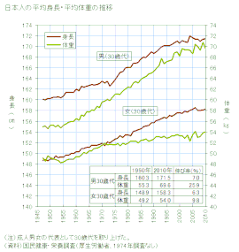 日本人の平均身長と体重 厚生省データ