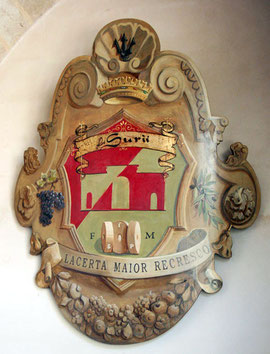 Scudo araldico, massello di mogano curvato, pittura ad olio, cm 100 x 140, proprietà Li Surìi, Manduria