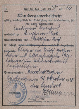 Vorderseite eines Wandergewerbescheines für Ferdinand Reinhard(t), ausgestellt in Nürtingen, Kreisarchiv Esslingen (abgekürzt KrAES) D 1 Bü. 532, alle Rechte vorbehalten! Durch Anklicken vergrößerbar.