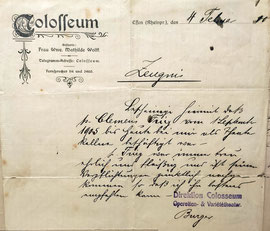 Clemens Friegs Entlassungszeugnis als Theaterkellner bei Wolff's Colosseum in Essen