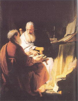 賢者の対話　レンブラント　１６２８年　　手前聖ペトロ　正面聖パウロ