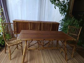 Salle à manger rotin Audoux Minet, enfilade, table, chaises vers 1960