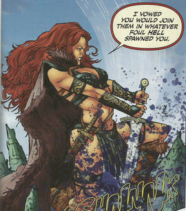 Spoiler alert: Red Sonja is stabbing a thing. (Art by Edgar Salazar.)