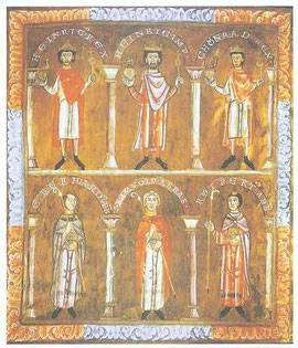 Obere Reihe mittig: Heinrich IV, links Sohn Konrad, rechts Sohn Heinrich V. (aus: Wikipedia, Datei:Heinrich im Evangeliar von St. Emmeram.jpgus:
