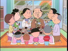 茶の間の食事といえばサザエさん 座卓のサイズは尋常ではないと思いますが