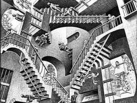 エッシャーの絵画です さすがに こんな建築は実現しないとは思いますが・・・