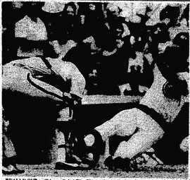 Bob Boone tags out Tim Blackwell in the eighth inning.