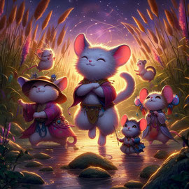 KI Bild. Zwei größere und zwei kleinere Fantasywesen, die aussehen wie eine Mischung aus Katze und Maus und zum Teil Kostüme tragen, tanzen im Fluss. Abendstimmung. 