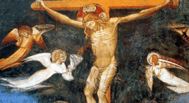 La crucifixion, de Matteo Giovanetti. Le sang qui coule de la blessure du Christ est récupéré dans le Graal