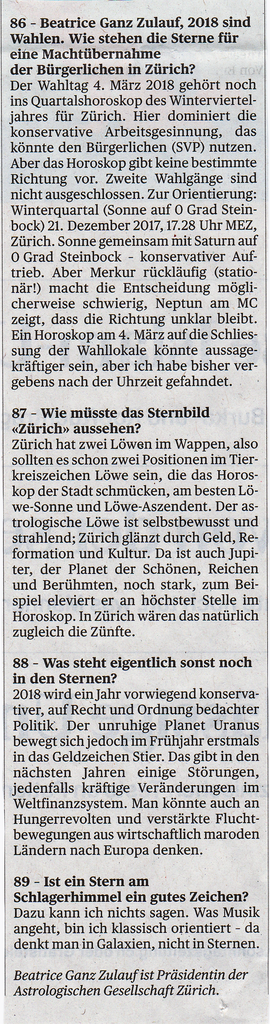 Tages-Anzeiger vom 6. Januar 2018, Fragen zum Jahreswechsel, Beatrice Ganz