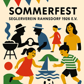 Sommerfest, verschiedene Personen, Kinder, Segelboote, Spiel und Spass, Grillen, Fröhlichkeit