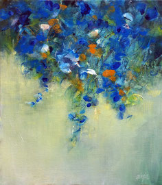 "Fleurs bleues" peinture acrylique sur toile 55 x 46 Disponible