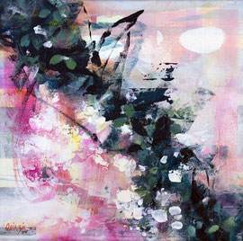 "Branche de cerisier" Peinture acrylique et collage sur toile" 40 x 40 cm Disponible