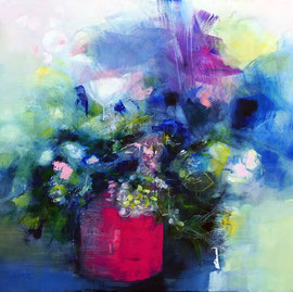 "Flowers in a pink pot" acrylique et marqueurs sur toile 80 x 80