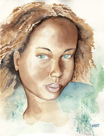 Fille aux yeux verts - aquarelle 31X41 - métissage du Cap vert