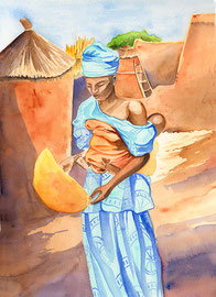 Tiébélé - aquarelle 31X41- village situé en pays Gourounsi au Sud du Burkina-Faso. La concession royale abrite jusqu'à 400 personnes. Les cases sont décorées de motifs en relief peints