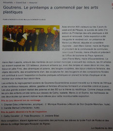 Artcle de presse de l'exposition du Printemps des Arts Plastiques à Goutrens en Aveyron