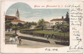 Stronsdorf 1904 Kleine Zeile-Kirche, Pfarrhof, Schule und Schloss coloriert