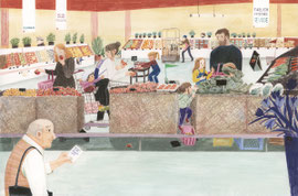 Doppelseite, "Susie im Supermarkt", Daniel Fehr, Bohem Verlag, 2024