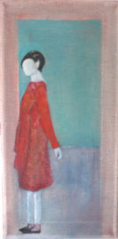 Antje Eule - Frau mit rotem Kleid (2018), Öl auf Leinwand, 15 x 30