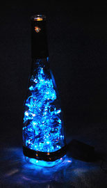 LDN88 - visione frontale accesa - lampada natalizia in vetro trasparente con luci a led blu e decorazione dorata