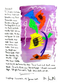 "Carraspite" / Sayalonga - Carraspite, 05. Januar 2009 / Sprechbild mit Text als Originalgrafik mit Ölkreide, Aquarell und Bleistifttext auf 200-g-Papier / Größe b 35,0 cm * h 50,0 cm / Werkverzeichnis 3.835